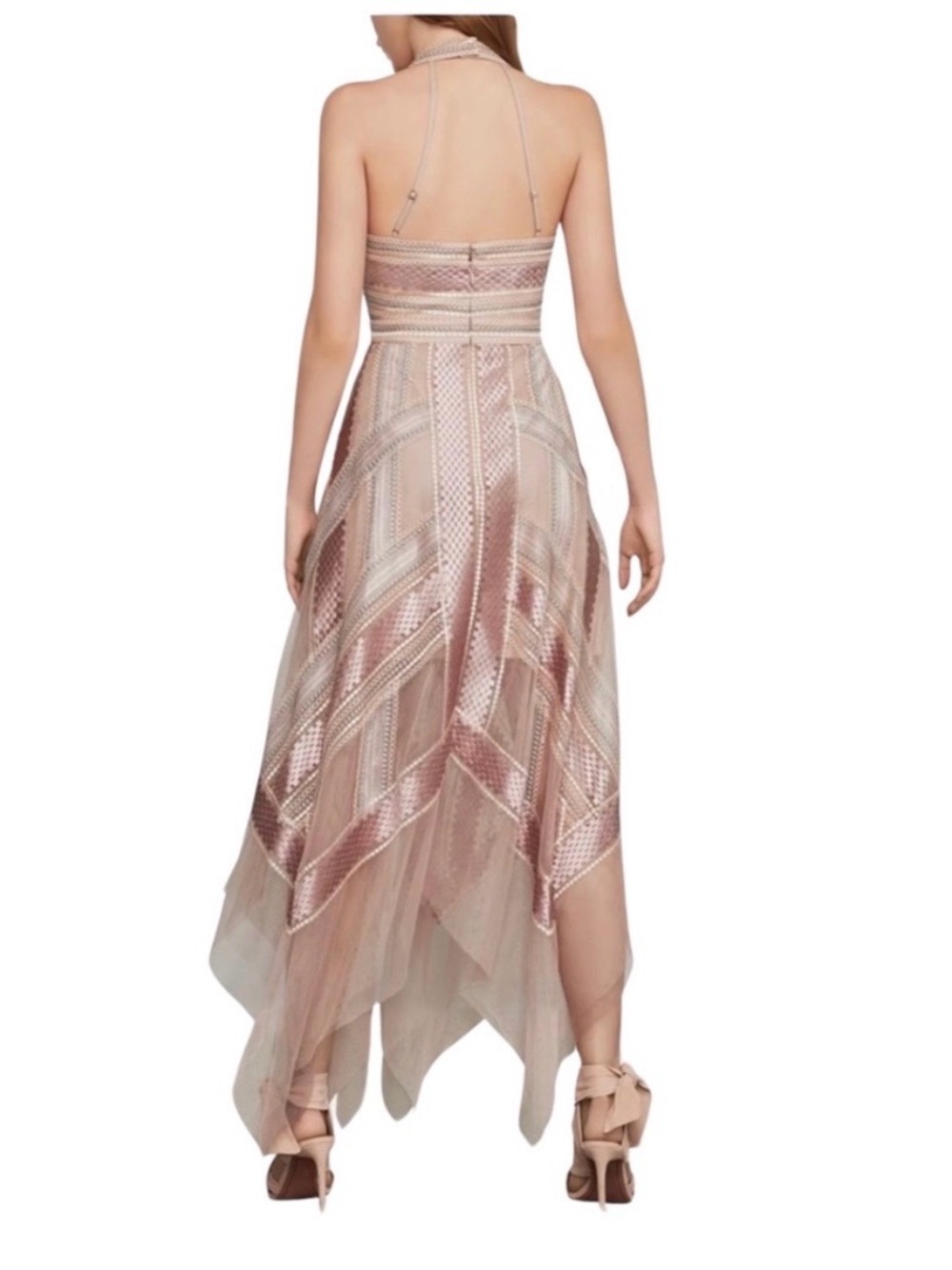 BCBGMAXAZARIA PINK/NUDE/METALLIC TULLE ETHEREAL GODDESS HANDKERCHIEF DRESS Sz2 - Picture 3 of 16